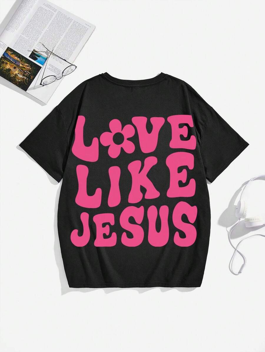 Áo thun ngắn tay thường ngày có in chữ cho nữ tuổi teen, thích hợp cho mùa hè, mặt sau quần áo - màu đen - Xem 1