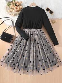 Thiếu niên cô gái Ngôi sao Lớp phủ lưới Cổ giả Đầm - màu đen - Xem 1