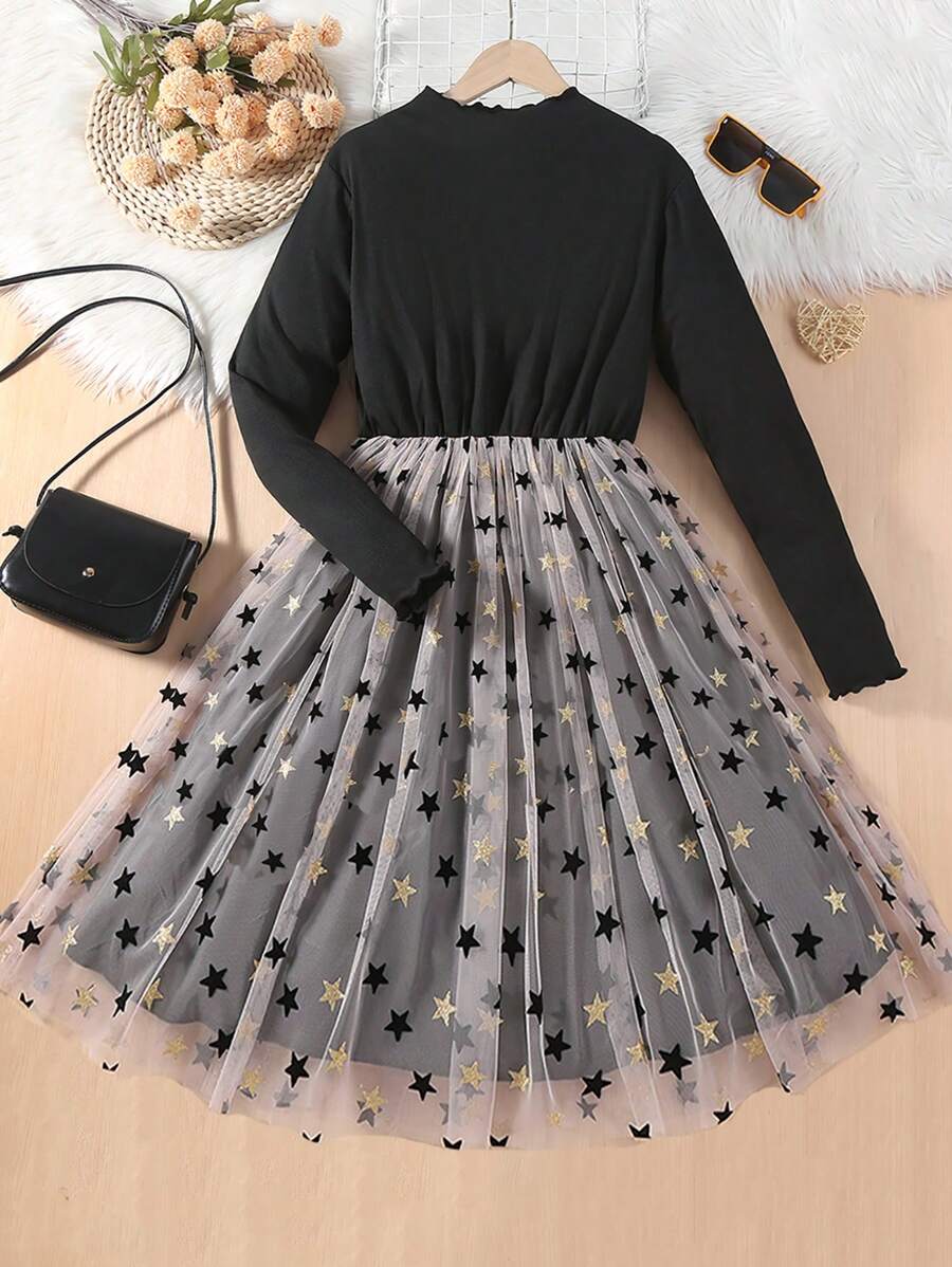 Thiếu niên cô gái Ngôi sao Lớp phủ lưới Cổ giả Đầm - màu đen - Xem 1