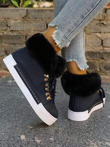 女士时尚圆头厚底雪地靴，中筒毛领靴，系带虎口设计，波浪纹橡胶鞋底，适合日常穿着、户外雪地活动、办公室装扮，舒适保暖，秋冬季百搭雪地靴 - 藏蓝色 - 查看 4