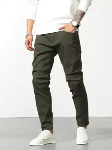 Manfinity Homme 男士棉斜口袋牛仔褲 - 軍綠色 - 查看 3