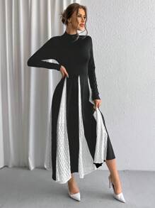 SHEIN Privé 女士拼接蕾絲大擺搖擺裙 - 黑色 - 查看 5