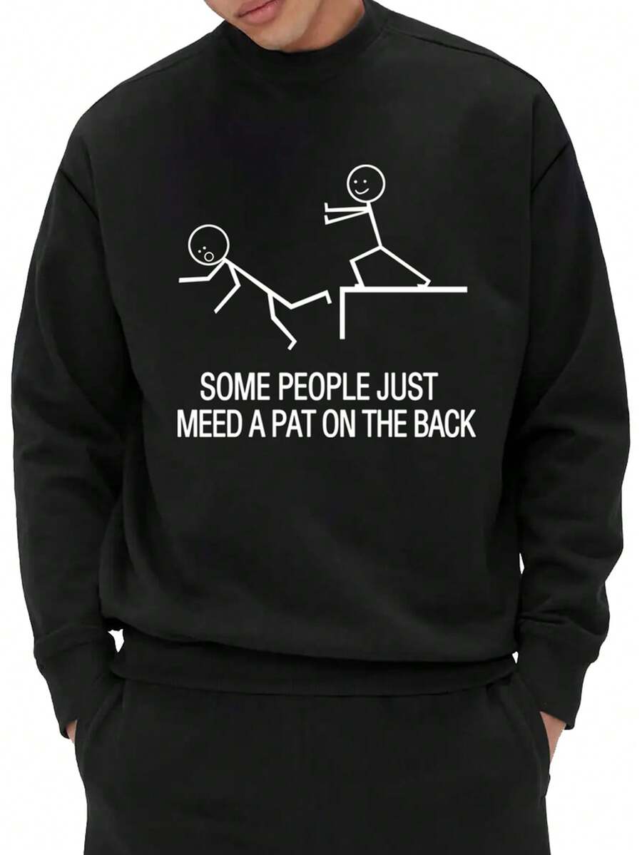 Men's Cartoon Character And Slogan Printed Sweatshirt - Black - View 1