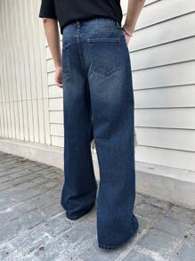 Manfinity Roghcode Men's Distressed Wide Leg Jeans With Washed Effect - Blue - View 2