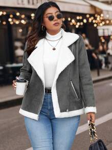 Calvaya 大码休闲保暖内衬毛领夹克，秋冬款 - 深灰色 - 查看 1