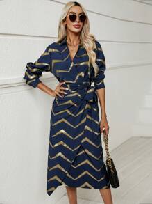 SHEIN Clasi Gold Chevron Print Knot Side Wrap Dress - Navy Blue - View 4