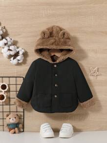 SHEIN Baby Boy Teddy Lined 3D Ear Design Hooded Coat - Black - View 4