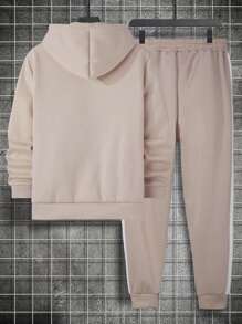 Aesthetic Post--Men's Letter Printed Color-Blocking Hooded Sweatshirt & Pants Set With Zipper & Drawstring Detail - Khaki - View 2