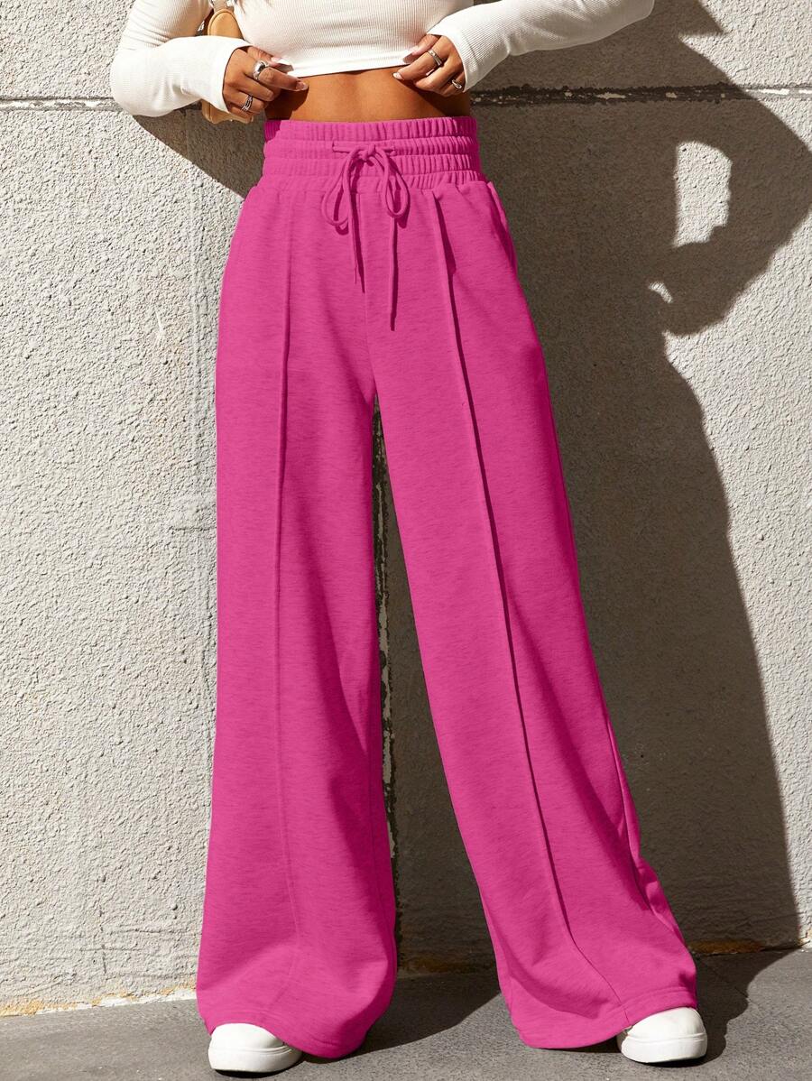 SHEIN EZwear Women's Drawstring Waist Loose Wide Leg Palazzo Pants Graduation,Back To School Outfits,Graduation,Teacher Outfits For Women,Back To School - Hot Pink - View 1