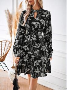 SHEIN Privé 女式荷葉袖植物印花連衣裙 - 黑色 - 查看 6