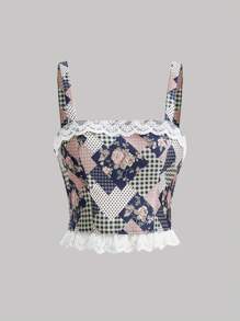 SHEIN MOD Vá lại In hoa Trang trí ren Cami ngọn - Nhiều màu - Xem 1