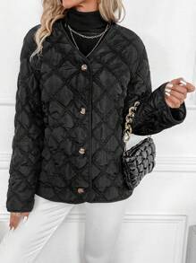 EMERY ROSE Họa tiết hoa ngẫu nhiên - Áo khoác đệm lót kẻ caro đơn hàng khuy cho nữ mùa đông - màu đen - Xem 5