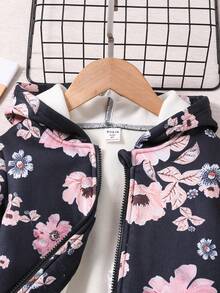 SHEIN Young Girl Floral Print Hooded Jacket & Leggings - Black - View 3