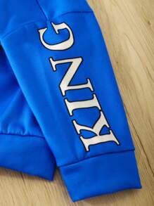 流行的嬰兒男孩連帽拉鍊上衣和彈性腰長褲套裝,印有字母和蘑菇圖案,街頭風格 - 藍色 - 查看 7