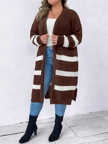 SHEIN LUNE Kích thước lớn Khối màu Áo len Mở - Cà phê nâu - Xem 5