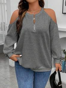 Celure Plus Size Off Shoulder Sweatshirt With Front Zipper Design - Dark Grey - View 3