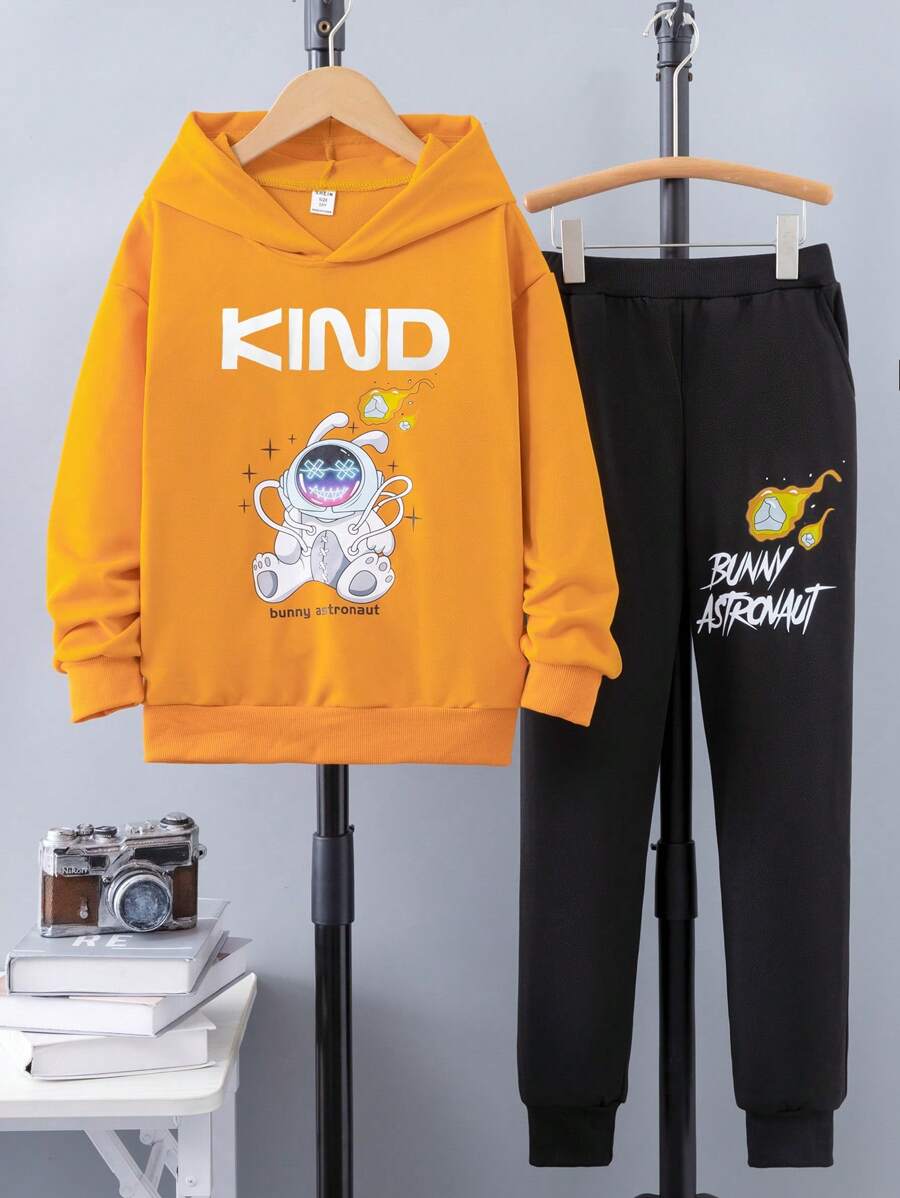 Teen Boy卡通印花連帽衛衣和運動長褲套裝 - 橘色 - 查看 1