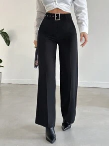 EURMUSE High Waist Belted Wide Leg Pants - Black - View 5