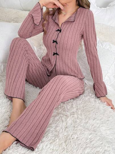 Roze Rib Knit Neck Button Front Pajama Set Cozy Elegante s, Fall Clothes