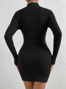 SHEIN Privé 女士立領修身毛衣連身裙 - 黑色 - 查看 2