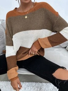 SHEIN LUNE Women'S Contrast Color Round Neck Drop Shoulder Sweater - Brown - View 4
