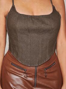 SHEIN BAE Plus Curved Hem Denim Cami Top - Brown - View 3