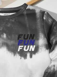 SHEIN 2 件装年轻男孩休闲圆领徽标印花运动衫和运动裤套装，羊毛，加厚 - 彩色 - 查看 4