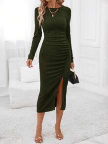 SHEIN Clasi Chất rắn Tách đùi Xù Đầm - xanh quân đội - Xem 6