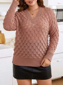 Calvaya Plus Pointelle Knit Drop Shoulder Sweater Knit Pullover Fall Winter Sweater - Dusty Pink - View 3