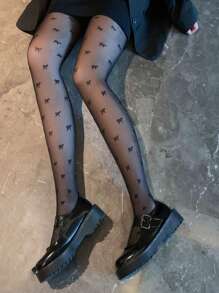 蝴蝶圖案褲襪 - 黑色 - 查看 4