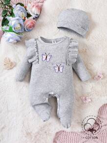 Baby Girl Butterfly Embroidery Ruffle Trim Footed PJ Jumpsuit Hat Holiday Travel Releax Summer Clothes Cotton - Grey - View 1