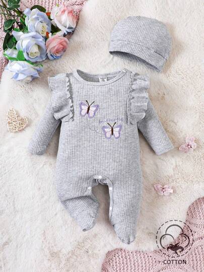 Baby Girl Butterfly Embroidery Ruffle Trim Footed PJ Jumpsuit Hat Holiday Travel Releax Summer Clothes Cotton