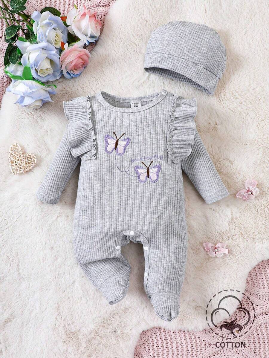 Baby Girl Butterfly Embroidery Ruffle Trim Footed PJ Jumpsuit Hat Holiday Travel Releax Summer Clothes Cotton - Grey - View 1