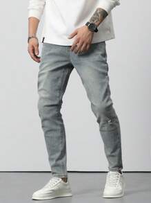 Manfinity Homme Men Cotton Bleach Wash Ripped Skinny Jeans Slim Fit Long Washed Light Jean Cargo Plain Blue Work Business Casual Husband