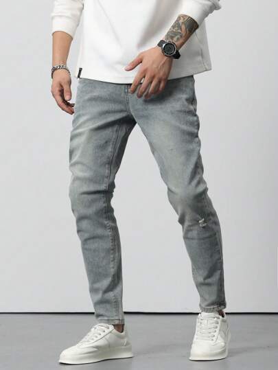 Pantaloni Jeans Slim Fit strappati in cotone sbiancato con lavaggio per uomo, Jeans estivi lunghi slim fit in tessuto leggero blu, Casual Business per lavoro o per il marito