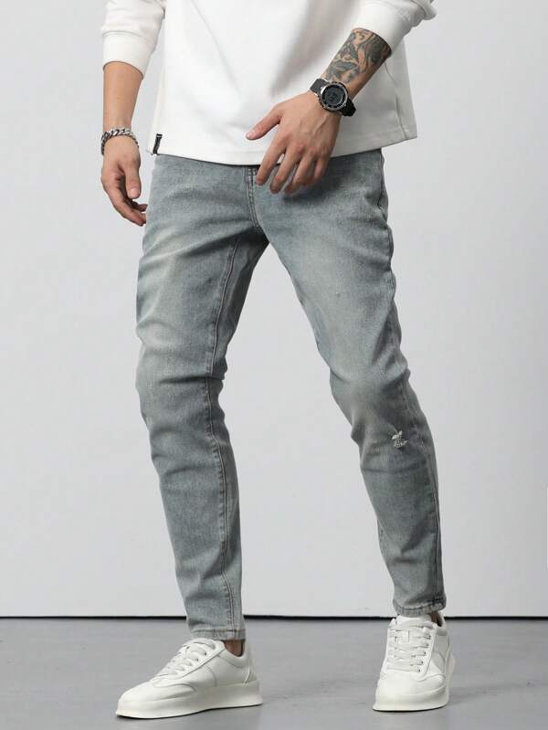 Manfinity Homme Men Cotton Bleach Wash Ripped Skinny Jeans Slim Fit Long Washed Light Jean Cargo Plain Blue Work Business Casual Husband