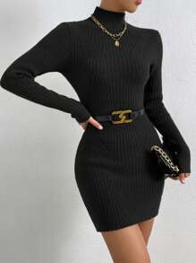 SHEIN Privé 女士立領修身毛衣連身裙 - 黑色 - 查看 6