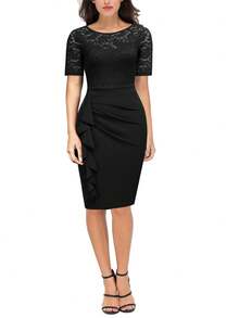 Của phụ nữ Màu thuần Viền tua Ruffle Xếp li Đầm - màu đen - Xem 1