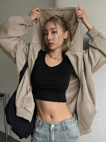 DAZY Women's Hooded Sweatshirt With Front Zipper Closure And Drop Shoulder Design,Fall Women Clothes - Khaki - View 3