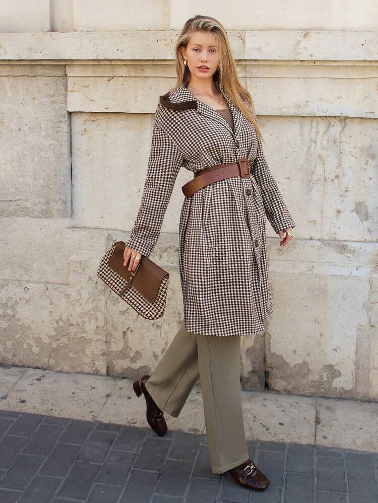 Regular Fit Houndstooth Drop Shoulder Jacket Winter Brown Plaid Check Casual