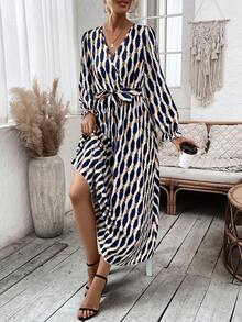 SHEIN VCAY 全印花v領繫帶腰長袖連身裙