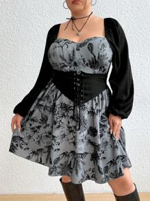 Flirla Plus Floral Print Lace Up Front Lantern Sleeve Dress - Multicolor - View 1
