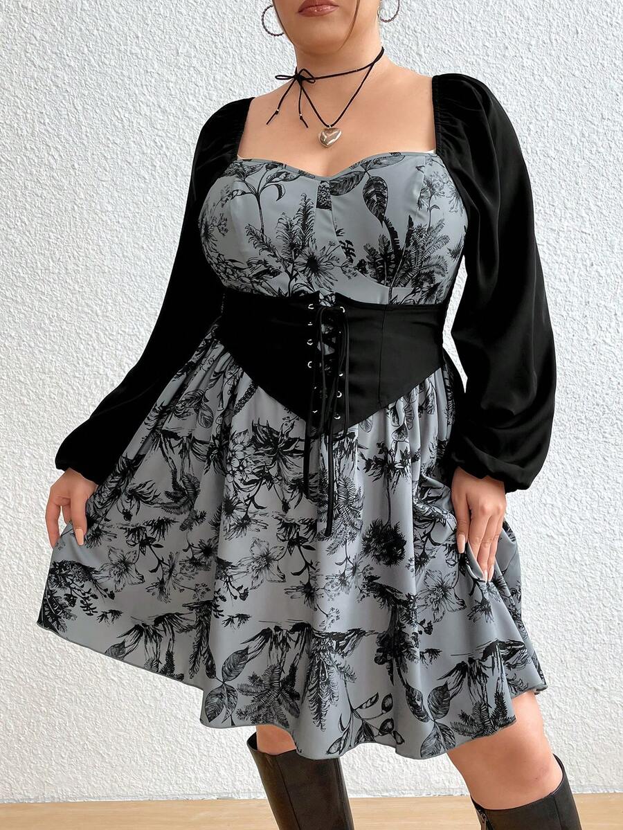Flirla Plus Floral Print Lace Up Front Lantern Sleeve Dress - Multicolor - View 1
