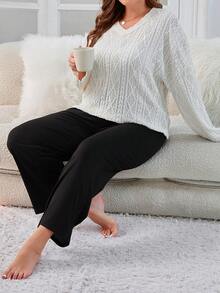 大码纯色落肩 T 恤和裤子家居服套装 - 杏色 - 查看 4