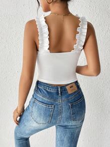 SHEIN Essnce Solid Frill Trim Wide Straps Top - White - View 2