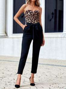 SHEIN Privé Leopard Print Belted Tube Jumpsuit - Multicolor - View 1