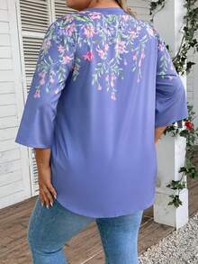 EMERY ROSE Plus Floral Print Notched Neckline Blouse - Blue - View 2
