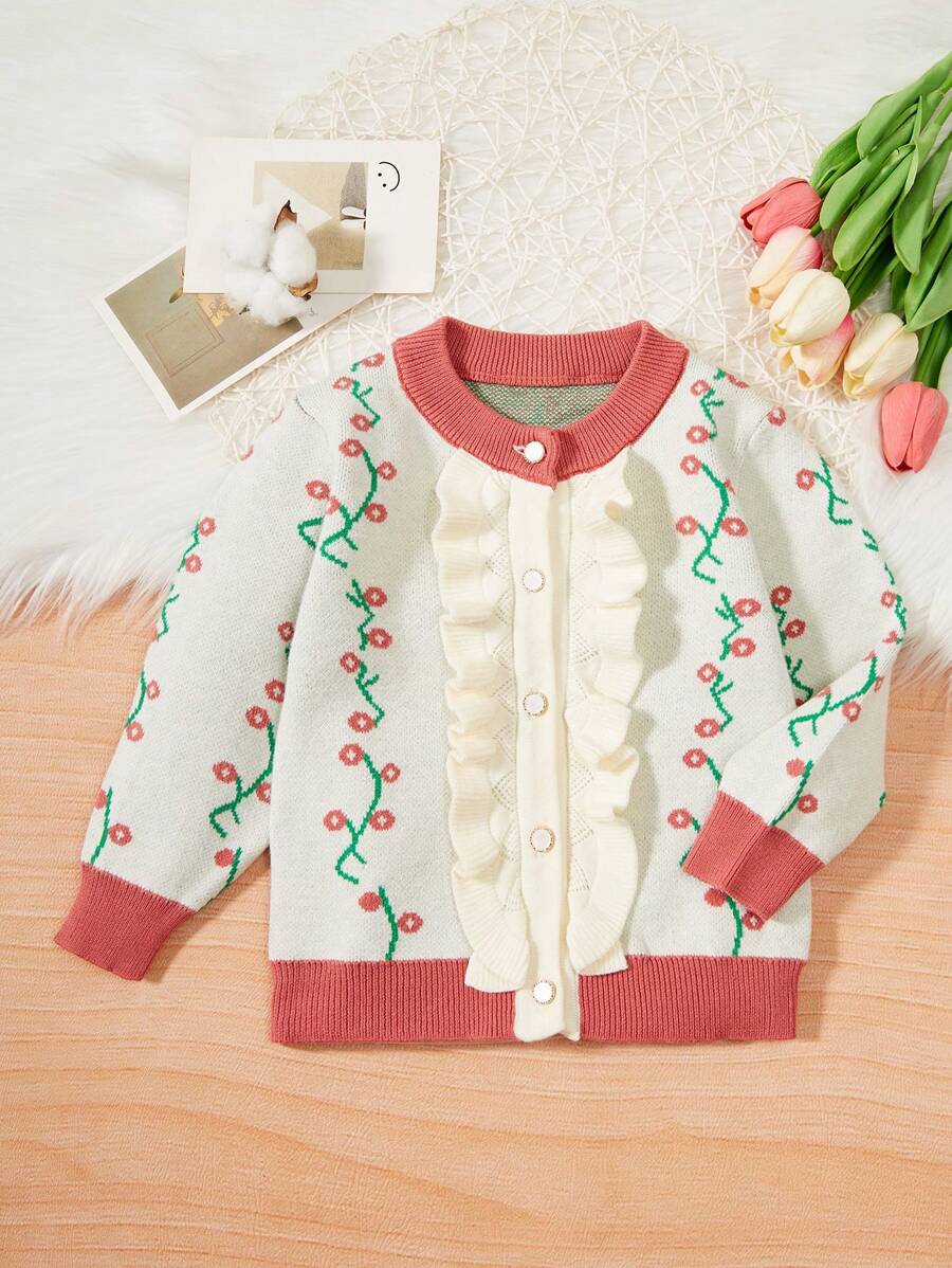 Baby Girls' Flower Pattern Round Neck Cardigan With Floral Lace & Button Design - Red Violet - View 1