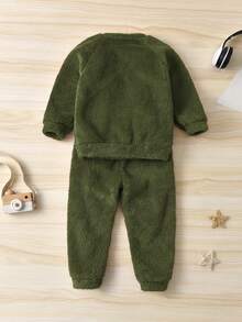 SHEIN 少年卡通刺繡下落肩運動服和長褲組合套裝 - 墨綠色 - 查看 2