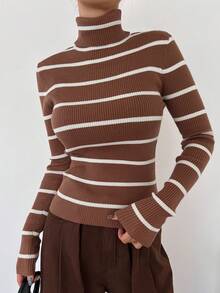 DAZY Striped Pattern Turtleneck Sweater - Brown - View 5